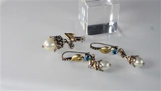 Barbara Bixby 925 Sterling 18K Gold Blue Topaz Pearl Pendant Earrings Set